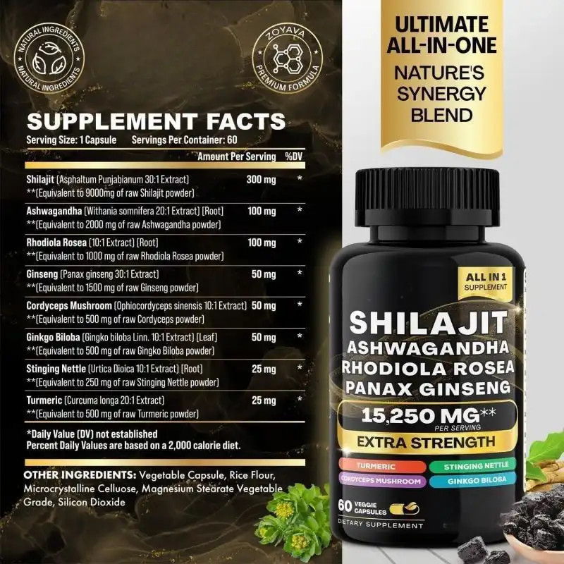 pure himalayan shilajit capsules with ashwagandha ginseng healthcare vitamin 8 in 1 energy supplement